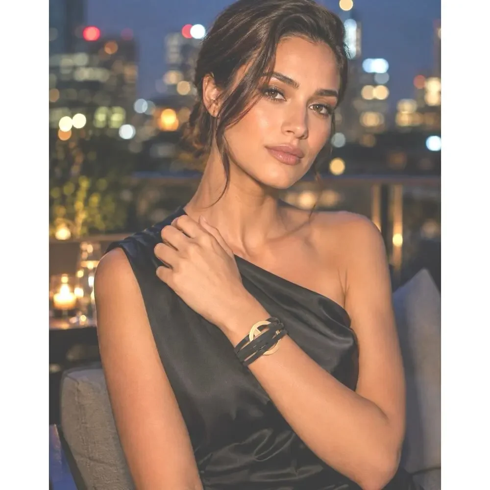 Minimalist Black Gold Faux Leather stack Wrap Bracelet Gold Circle Cuff NWOT